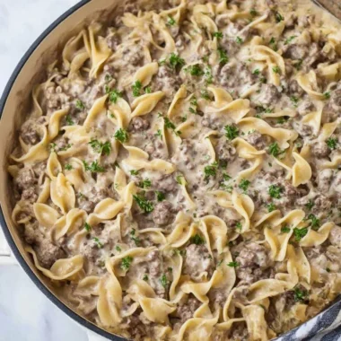 Delicious beef stroganoff served with noodles in a creamy sauce