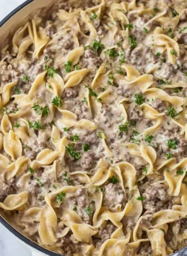 Delicious beef stroganoff served with noodles in a creamy sauce