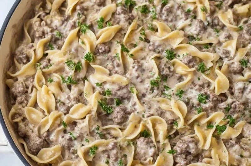 Delicious beef stroganoff served with noodles in a creamy sauce
