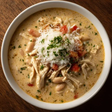 A bowl of white cheddar apple chicken chili garnished with herbs and cheese