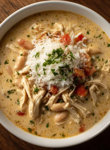 A bowl of white cheddar apple chicken chili garnished with herbs and cheese