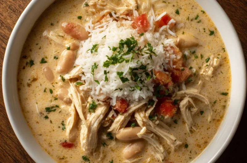A bowl of white cheddar apple chicken chili garnished with herbs and cheese