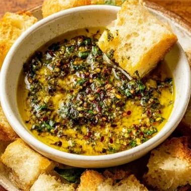 Delicious garlic olive oil dip served with crusty bread for dipping