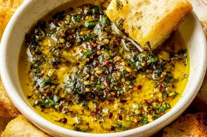 Delicious garlic olive oil dip served with crusty bread for dipping