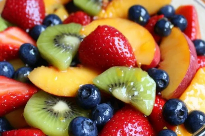 Cozy fruit salad with a mix of fresh fruits in a bowl