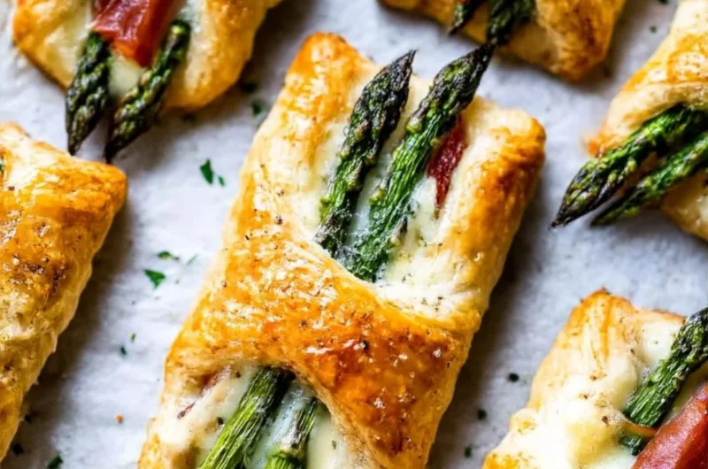 Asparagus Puff Pastry Bundles on a serving plate garnished with herbs