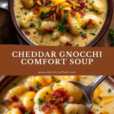 Bowl of creamy Bacon Cheddar Gnocchi Soup garnished with crispy bacon and cheddar cheese.
