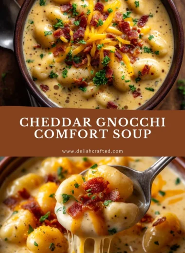 Bowl of creamy Bacon Cheddar Gnocchi Soup garnished with crispy bacon and cheddar cheese.