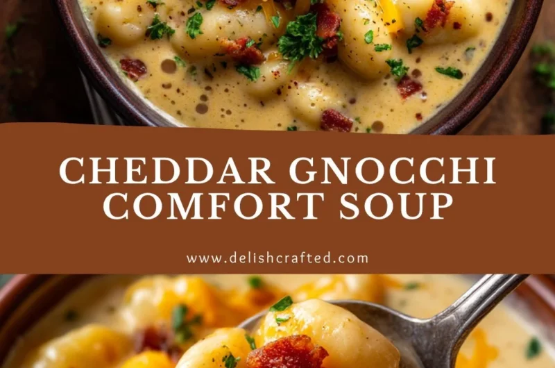 Bowl of creamy Bacon Cheddar Gnocchi Soup garnished with crispy bacon and cheddar cheese.