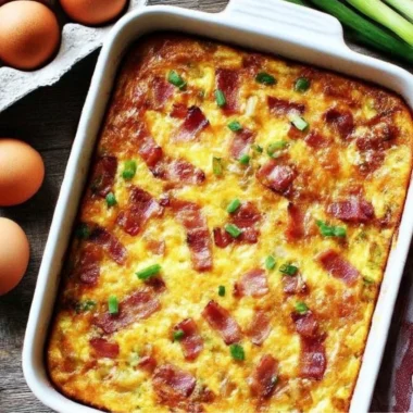 Bacon Potato Egg Casserole served in a baking dish with herbs on top.