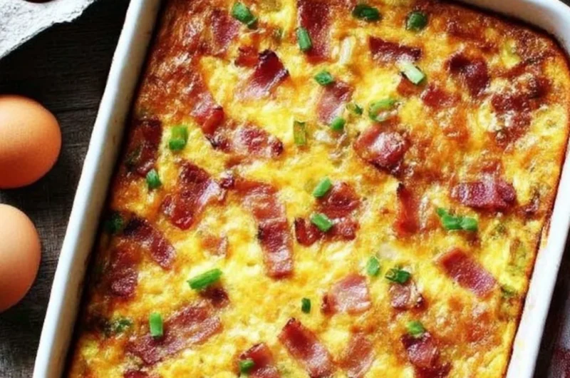 Bacon Potato Egg Casserole served in a baking dish with herbs on top.