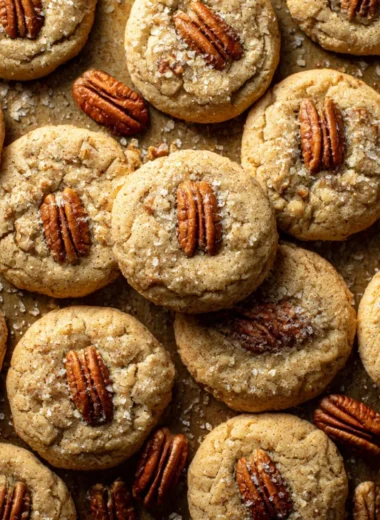 Freshly baked Butter Pecan Cookies with nuts and a golden hue
