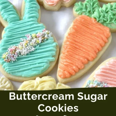 Delicious buttercream sugar cookies with colorful frosting and sprinkles.