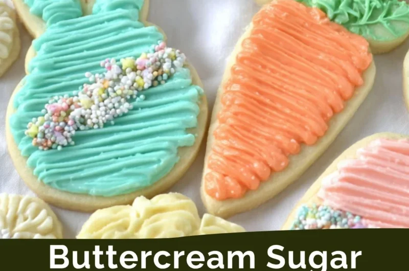 Delicious buttercream sugar cookies with colorful frosting and sprinkles.