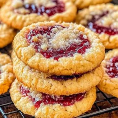 Buttery raspberry crumble cookies with a sweet jam filling on a plate