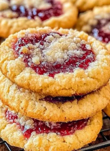 Buttery raspberry crumble cookies with a sweet jam filling on a plate