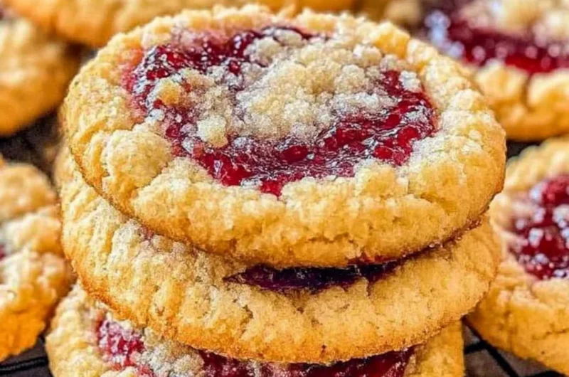 Buttery raspberry crumble cookies with a sweet jam filling on a plate