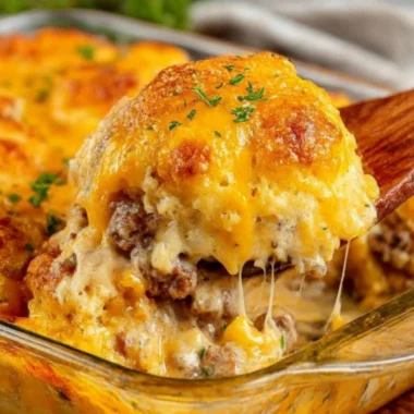 Cheddar Bay Ground Beef Cobbler with a golden crust and savory filling