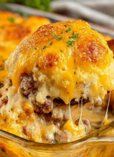 Cheddar Bay Ground Beef Cobbler with a golden crust and savory filling