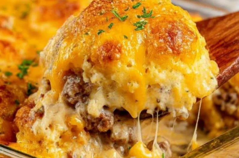 Cheddar Bay Ground Beef Cobbler with a golden crust and savory filling