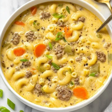 Bowl of delicious cheeseburger soup topped with cheese and cilantro