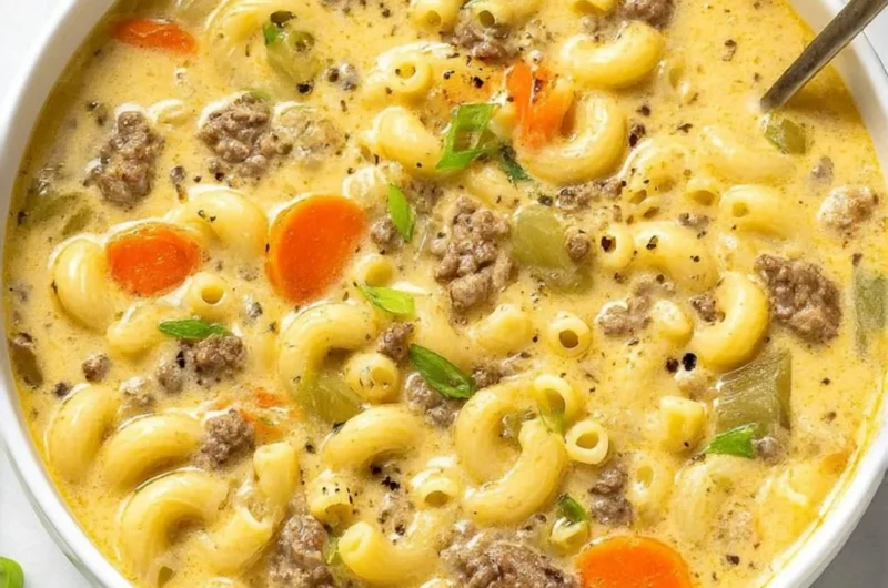 Bowl of delicious cheeseburger soup topped with cheese and cilantro