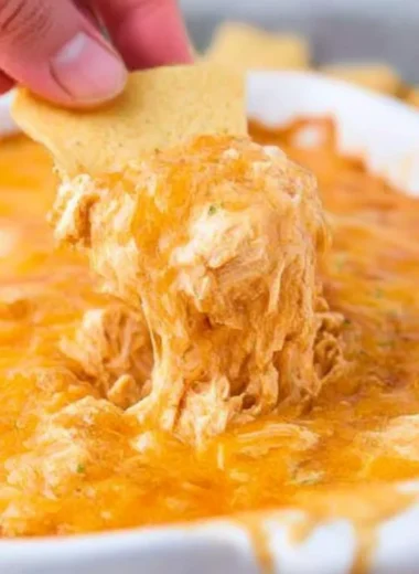 Delicious Cheesy Creamy Buffalo Chicken Dip served in a bowl