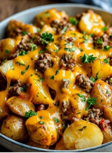 Cheesy Ground Beef and Potato Casserole served in a baking dish