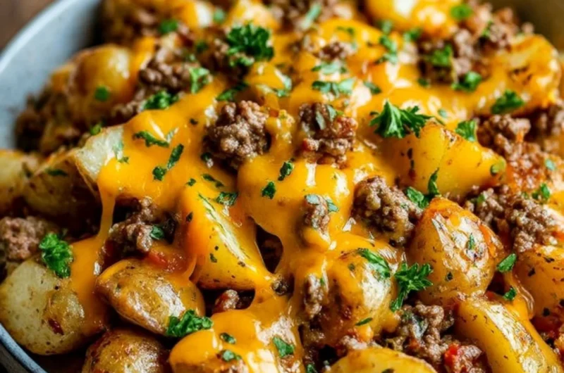 Cheesy Ground Beef and Potato Casserole served in a baking dish