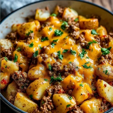 Cheesy ground beef and potato casserole baked to perfection