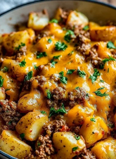 Cheesy ground beef and potato casserole baked to perfection