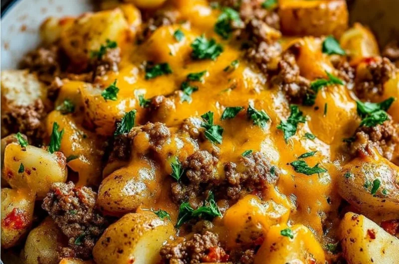 Cheesy ground beef and potato casserole baked to perfection