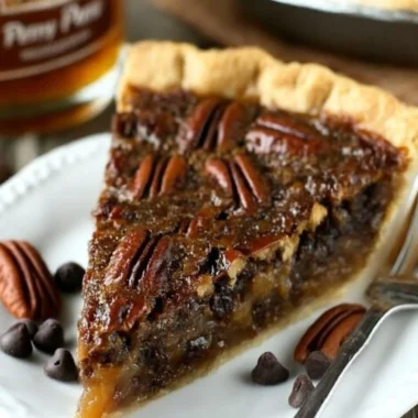Delicious Chocolate Bourbon Pecan Pie slice on a wooden table