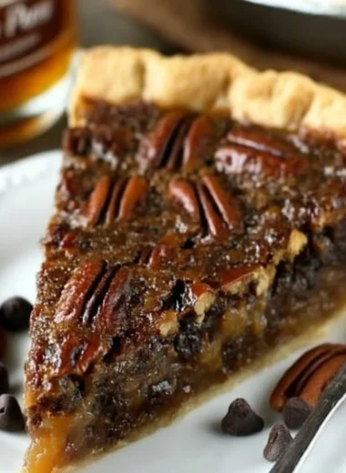 Delicious Chocolate Bourbon Pecan Pie slice on a wooden table