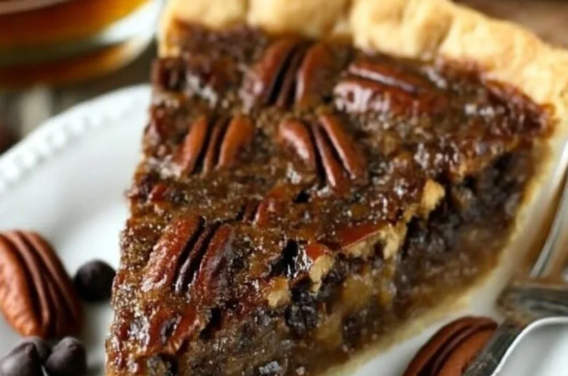 Delicious Chocolate Bourbon Pecan Pie slice on a wooden table