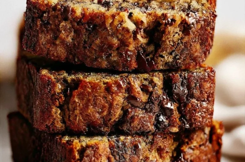 A slice of chocolate chip banana bread on a wooden table, showcasing its moist texture.