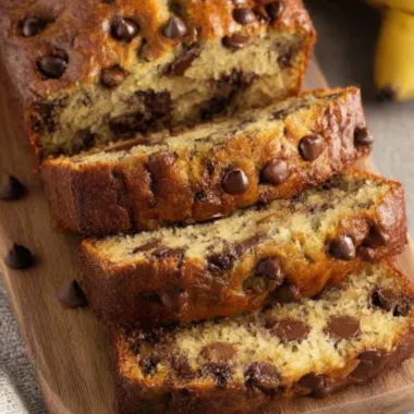Slice of chocolate chip banana bread on a wooden cutting board