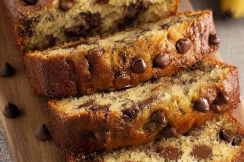 Slice of chocolate chip banana bread on a wooden cutting board