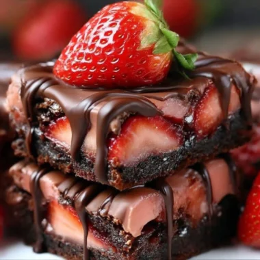 Delicious chocolate covered strawberry brownies topped with fresh strawberries