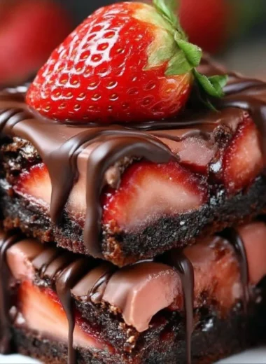 Delicious chocolate covered strawberry brownies topped with fresh strawberries