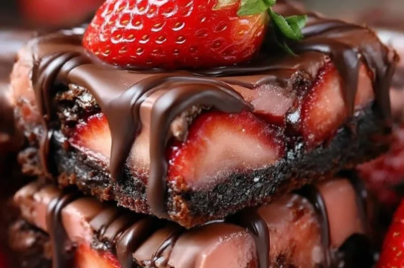 Delicious chocolate covered strawberry brownies topped with fresh strawberries
