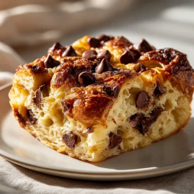 Chocolate croissant breakfast bake topped with chocolate and baked to perfection