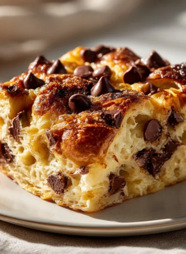 Chocolate croissant breakfast bake topped with chocolate and baked to perfection