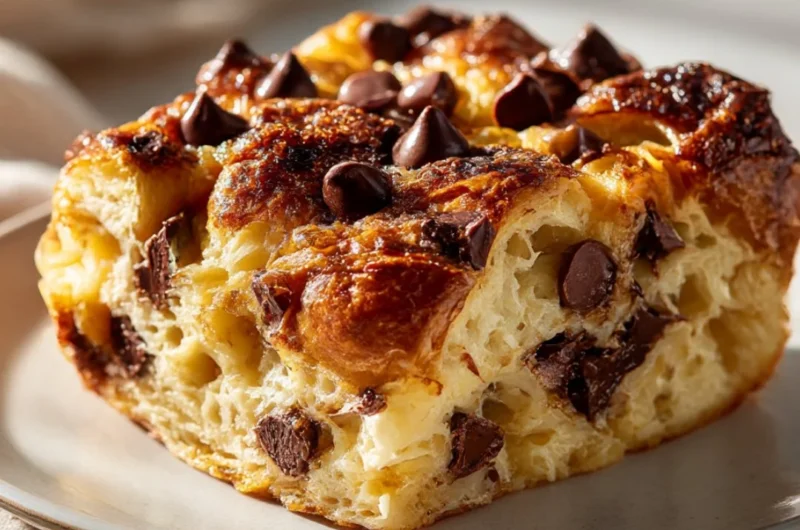 Chocolate croissant breakfast bake topped with chocolate and baked to perfection