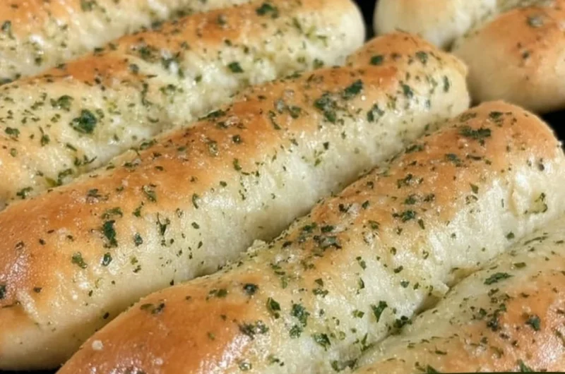 Homemade Olive Garden breadsticks served with marinara sauce.