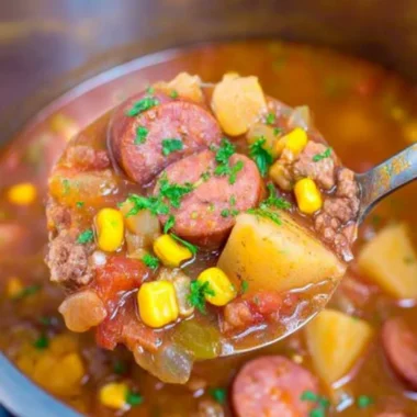 Delicious bowl of Cowboy Stew filled with beef, beans, and vegetables