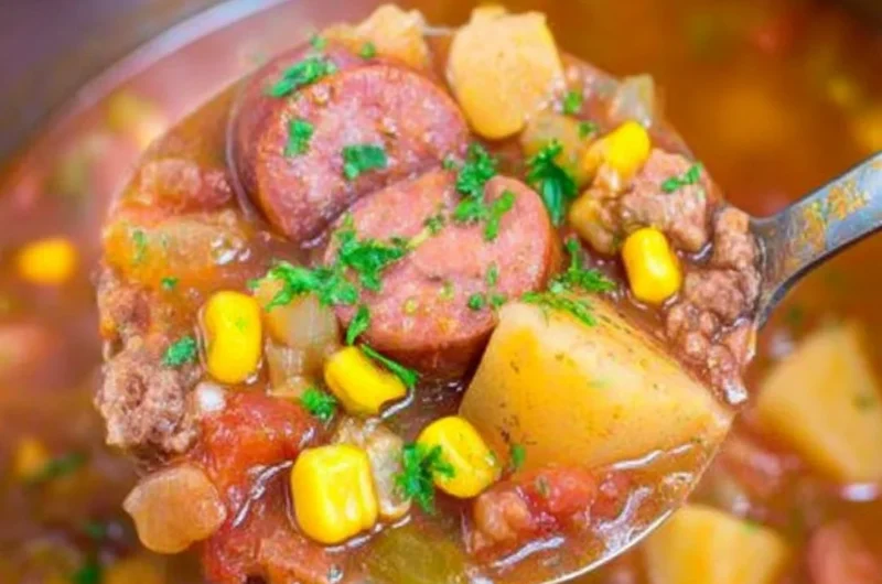 Delicious bowl of Cowboy Stew filled with beef, beans, and vegetables