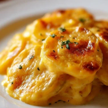 A delicious serving of cozy cheesy scalloped potatoes, baked to perfection.