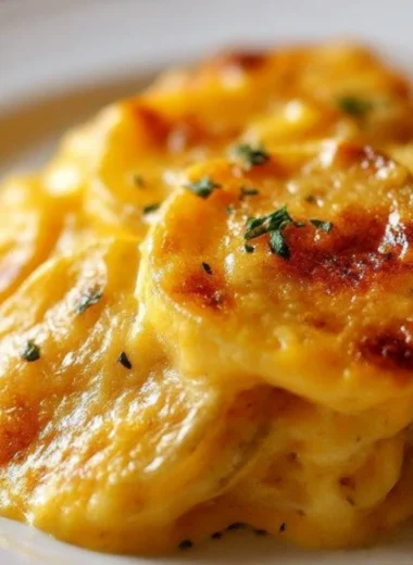 A delicious serving of cozy cheesy scalloped potatoes, baked to perfection.