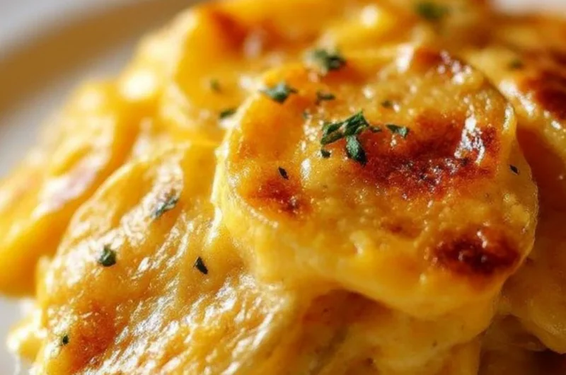 A delicious serving of cozy cheesy scalloped potatoes, baked to perfection.